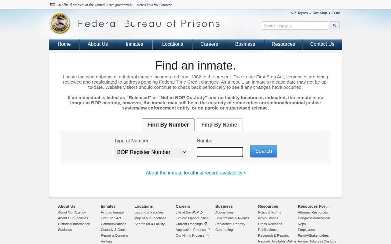 Federal BOP locator for a person released from federal custody in Maryland