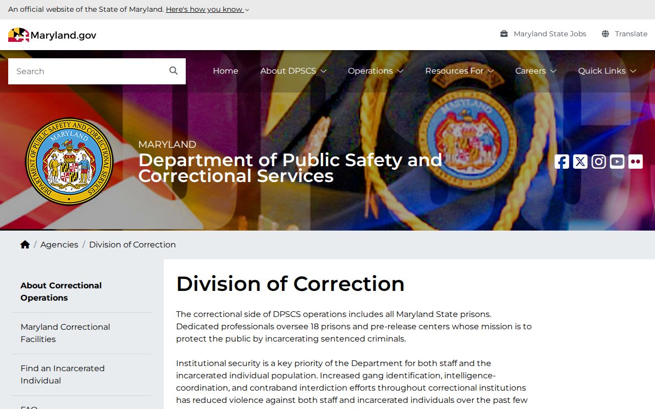 Maryland Division of Correction page identifying the state prison agency