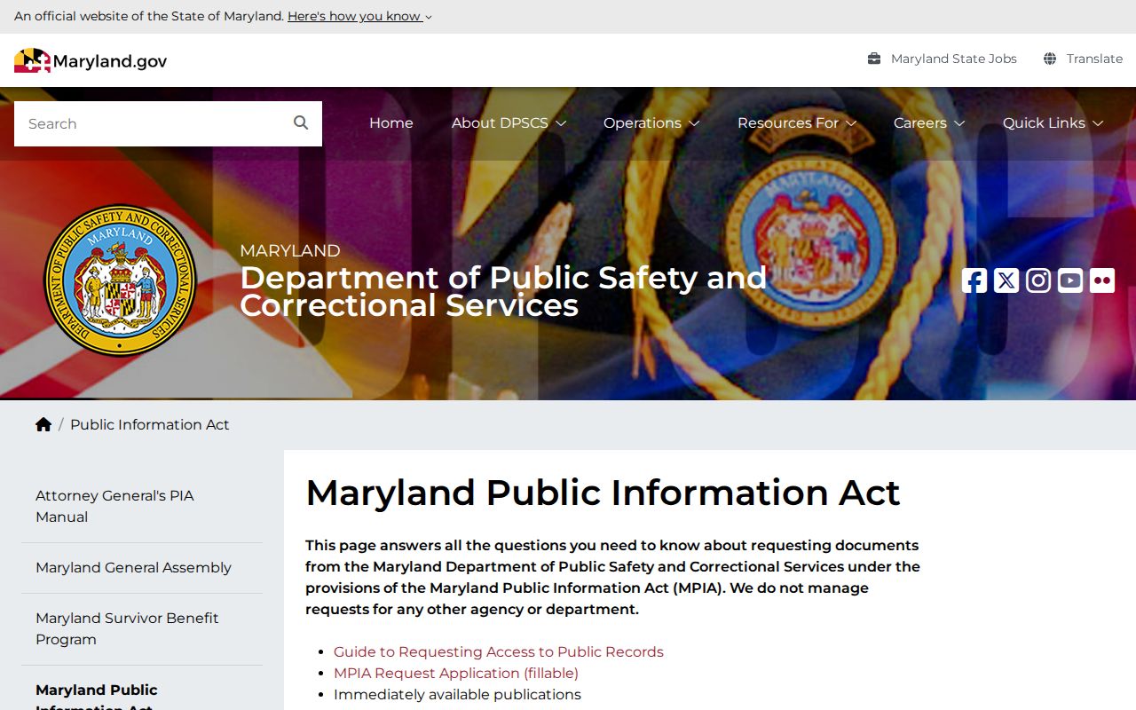 Maryland DPSCS public records request page for release records