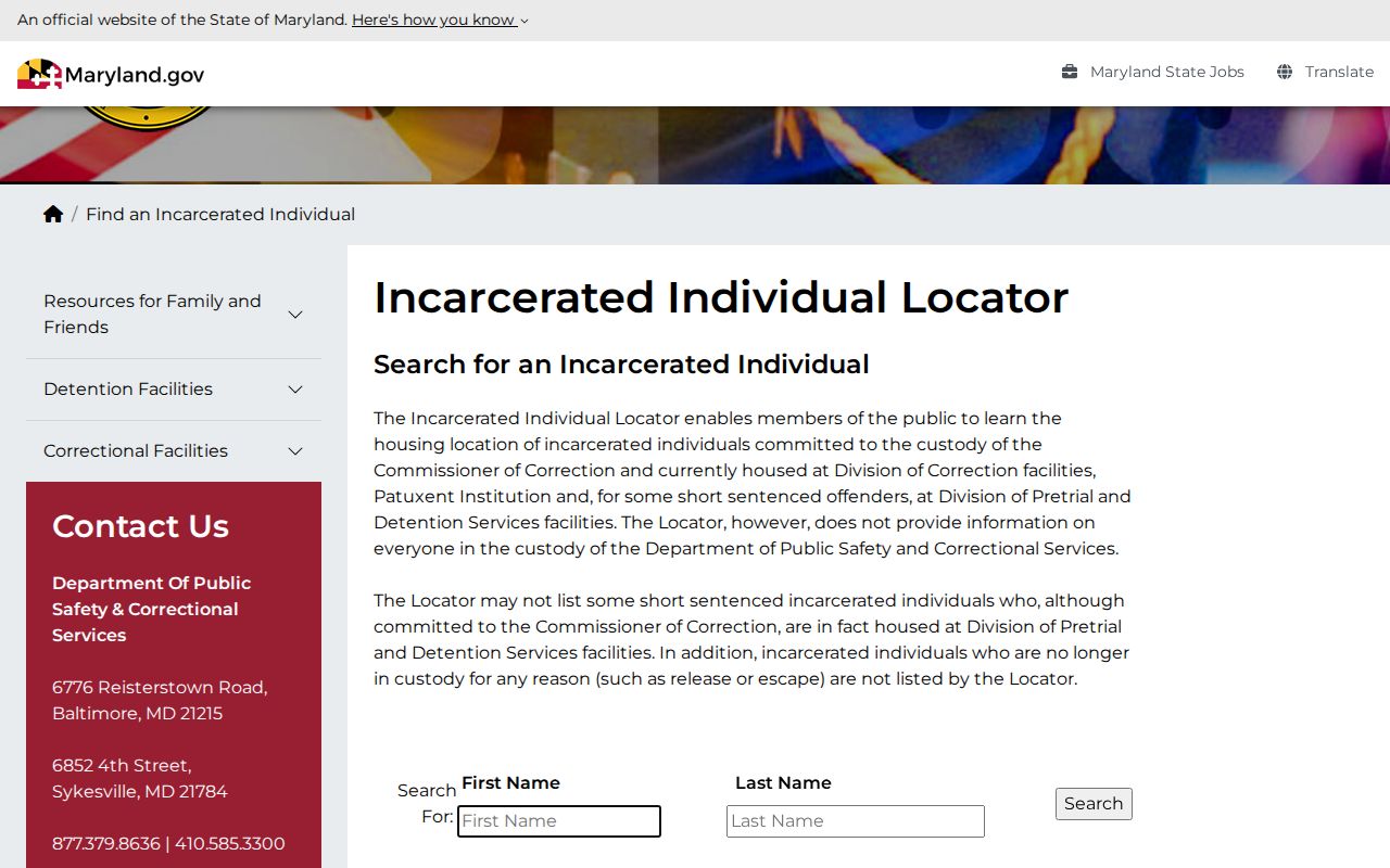 Maryland incarcerated individual locator warning about released inmates
