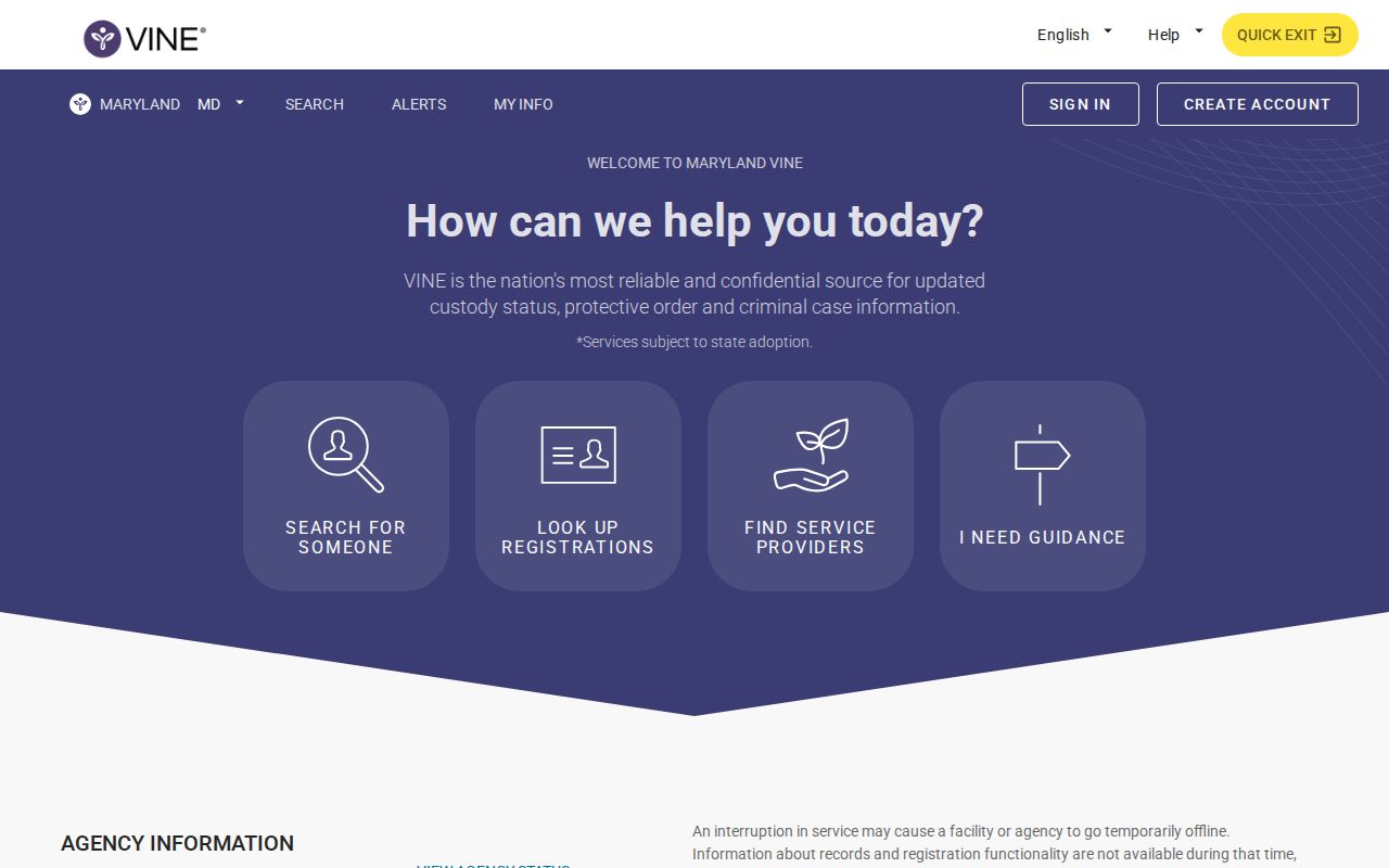 Maryland VINE portal used to check a released inmate event